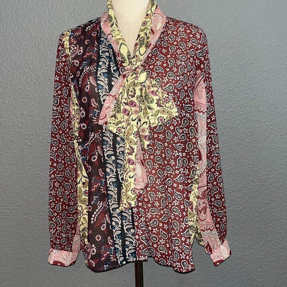 SOFT SURROUNDINGS LANGDON Paisley Patchwork Blouse Shirt Tie Front - NWT - PL
